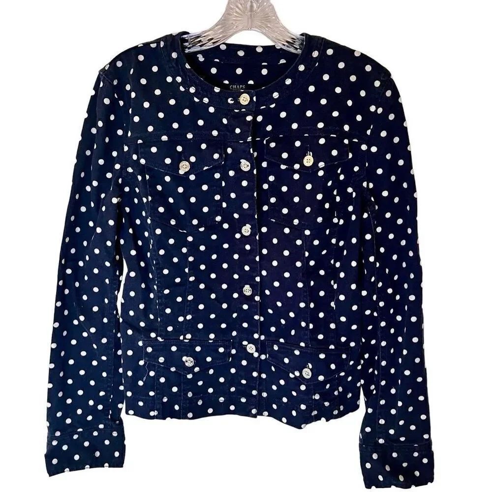Chaps Denim Polka Dot Jean Jacket Ladies Sz Medium  Blue White Collarless